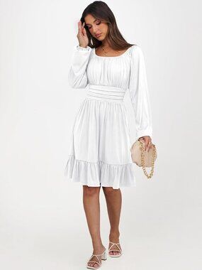 Women's White Long Lantern Sleeve Waist Ruffle Flowy Swing A-Line Short Dress